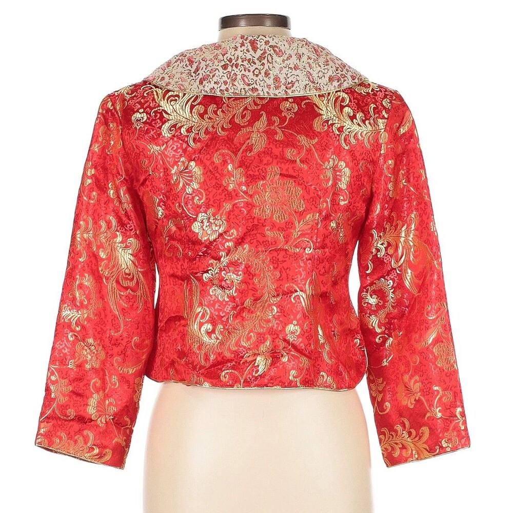 Huamei Red Brocade Jacket Traditional Chinese Gold Frog Closure Size 15 - Picture 15 of 15